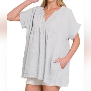 New Zenana Gray Textured Gauze Tunic Top Size S M L XL Oversized